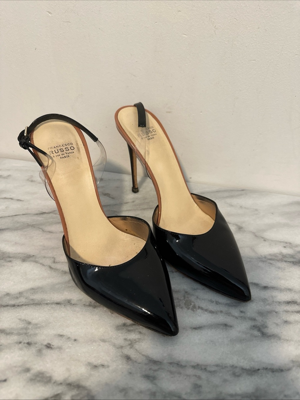 Francesco Russo Black Patent Pointed-Toe Slingback Heels Sz 38 Italy